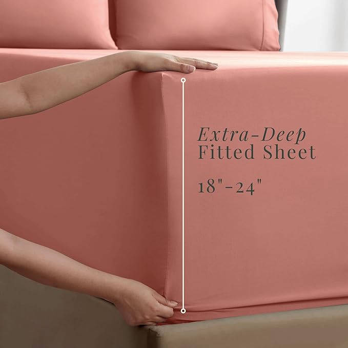 Hearth & Harbor Extra Deep Pocket Sheets - Fits Mattress 18-24 Inches Deep - Extra Deep Pocket Split King Size Sets - 7 Piece Split King Size - Misty Rose