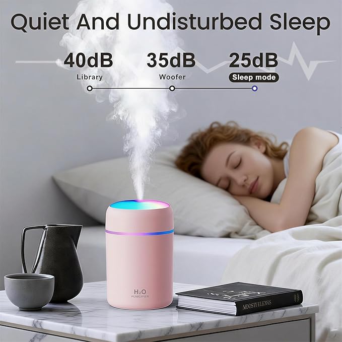 Portable Colorful Cool Mini Humidifier,Aroma Essential USB Personal Desktop Humidifier, for Bedroom, Office & Car(300ml, White) (pink)