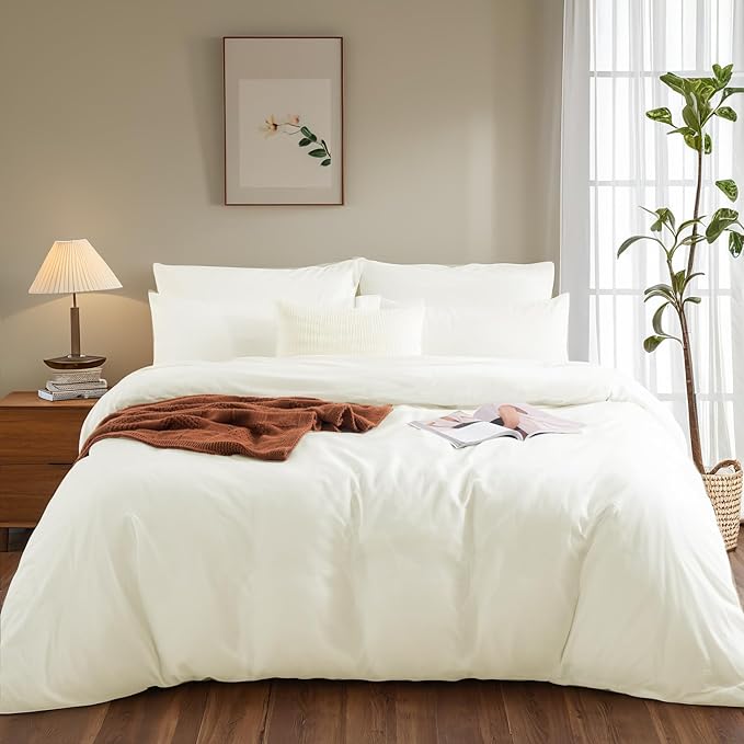 NEXHOME PRO King Duvet Cover Set, 100% Washed Cotton with Linen-Like Texture, Natural Organic, Breathable & Comfortable, Includes Home Bedding Set Milk White (No Comforter) 10490
