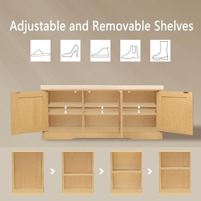 DINZI LVJ Shoe Bench, Entryway Storage Bench with Doors, Cushion, 2-Tier Shoe Rack with 6-Cubby, 39.4”L x 13.8”W Shoe Organizer Cabinet, Adjustable Shelf, Living Room, Bedroom, Natural