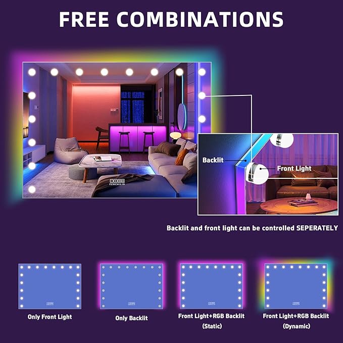 FENCHILIN 32 x 23 Inch RGB LED Vanity Mirror with Light and RGB Backlit Hollywood Lighted Makeup Mirror, Smart Touch Control Light Mirror with Memory Function
