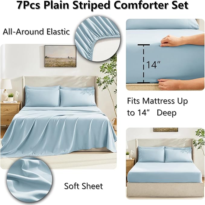 CozyLux King Size Comforter Set Light Blue, 7 Pieces Bed in a Bag, Blue Comforter King Size, All Season Bedding Sets with Stitch Quilted Comforter, Flat Sheet, Fitted Sheet, Pillowcases