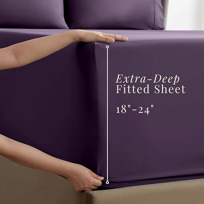 Hearth & Harbor Extra Deep Pocket King Size Sets - Fits Mattress 18-24 Inches Deep - Extra Deep Pocket Sheets - 6 Piece King Size - Eggplant