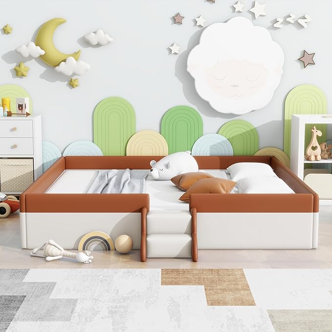 Merax King Size Kids Floor Bed, Daybed Frame with Fence and Stairs, Upholstered Wood Bed for Living Room, White+Brown
