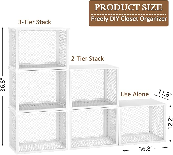 3 Pack Stackable Closet Organizers and Storage Basket, Closet Shelves with Wood Top Extra Storage, Multifunctional Clothes Organizer Bins/Cube Storage Drawer for Wardrobe Kitchen Laundry Room, White