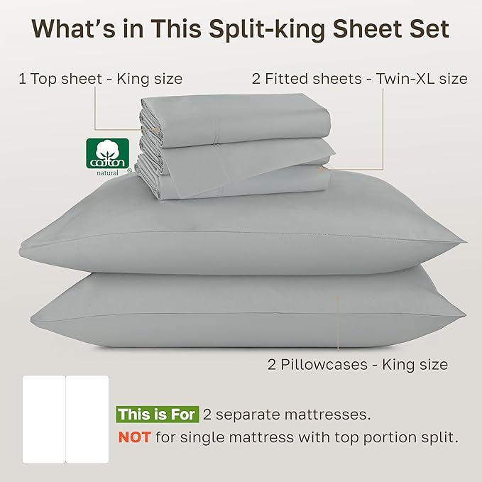 California Design Den Split King Sheets for Adjustable Bed - Buttery Soft 800 Thread Count, 100% Cotton Set, Sateen Bedding Set, Durable Twin XL Fitted Sheets - Light Grey