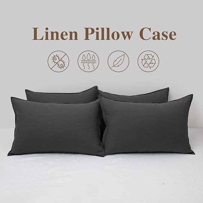 CHUFFED Linen Pillow Cases 2 Pack 100% Linen Queen Pillowcases, Breathable and Cooling Washed Pillow Shams with Zipper Closure, 20x30 Inches,Dark Grey