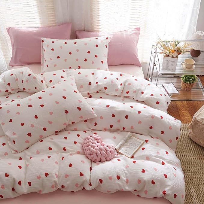Nayoroom Heart Duvet Cover Full Size Red Pink Hearts Printed on White Coquette Bedding Set for Kids Girls 3 Pcs Soft Breathable Microfiber Comforter Cover with Zipper Closure
