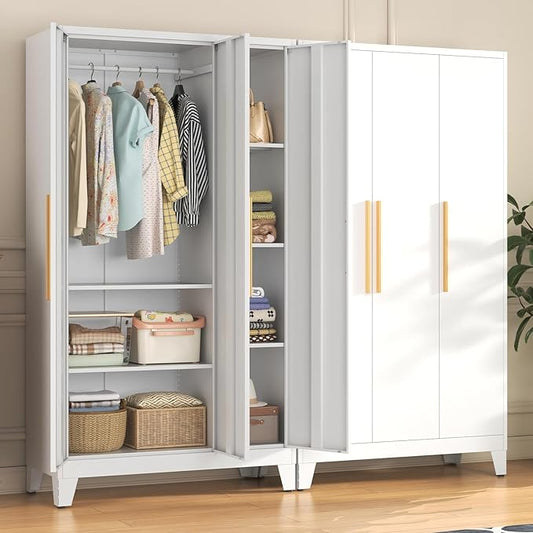 75.3" Tall Metal Wardrobe Closet - Large Clothing Storage Cabinet with 2 Doors, 5 Adjustable Shelves & 1 Hanging Rod - Closet Organizer for Bedroom, Office, Laundry Room, Garage - White