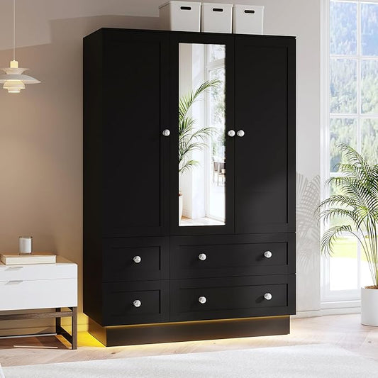 VOWNER Wardrobe Closet with 3 Doors, Bedroom Armoire with Mirror, LED Light, 4 Drawers and Hanging Rod, Large Capacity Storage Closet for Bedroom, Black 47" L