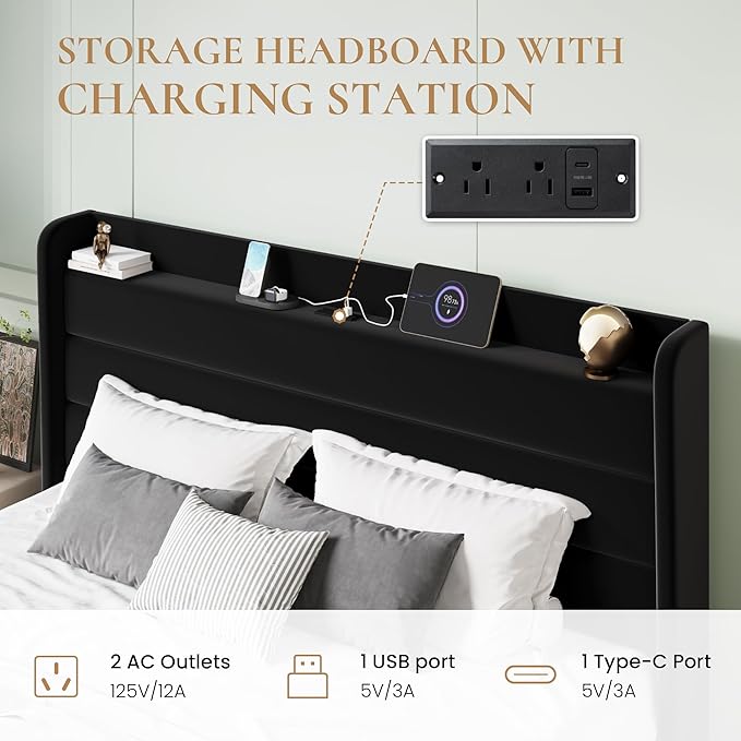 SHA CERLIN King Size Bed Frame with Charging Station, Velvet Upholstered Platform Bed, Wingback Storage Headboard, Type-C & USB Ports, Strong Wooden Slats, No Box Spring Needed, Easy Assembly, Black