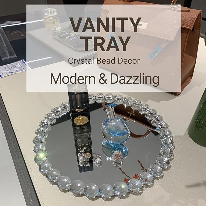 Round 12-Inch Crystal Bead Mirror Tray – Vanity Organizer, Perfume & Jewelry Display, Decorative Silver Tray for Bathroom, Dresser, Coffee Table, Living Room, Office & Hotel Banquet