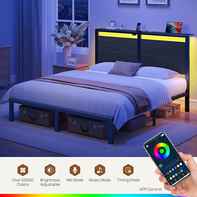 Rolanstar Queen Bed Frame with Headboard, Bed Frame Queen with LED Lights, Camas Queen Size Bed with Charging Station, Solid Metal Slats, Noise Free, No Box Spring Needed, Black Oak