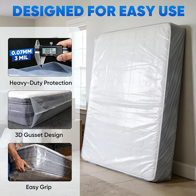 TICONN 2PK Plastic Mattress Bag for Moving Storage, Waterproof Mattress Protector Cover, Heavy-Duty Mattress Moving Supplies (3 mil, King)