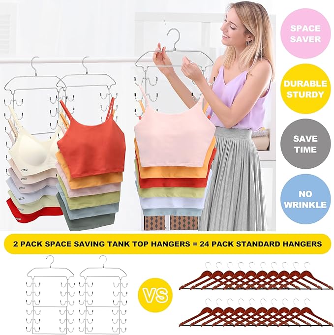3 Pack Tank Top Hangers Space Saving, Dorm Room Essentials, Metal 360° Swivel Closet Organizers and Storage with 72 Hooks for RV Apartment Small Space Solutions, Non-Slip Foldable Sport Bra Holder