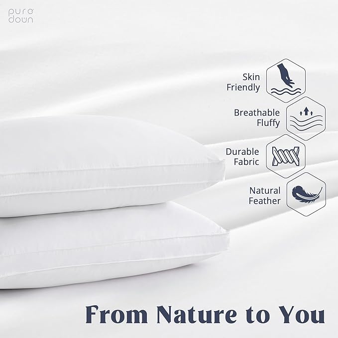 puredown Goose Down Feather Pillows with 100% Cotton Cover, Soft Gusseted Bed Hotel Collection Pillows for Sleeping, Set of 2, Queen Size