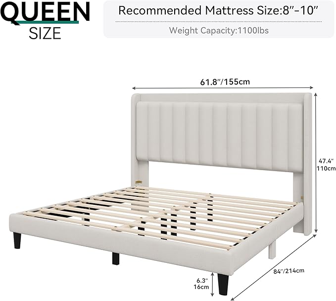 YITAHOME Queen Bed Frame with Adjustable Velvet Wingback Headboard 43.3"-47.4", Upholstered Platform Bed with LED Lights, Solid Wood Slat Support, No Box Spring Needed,Beige
