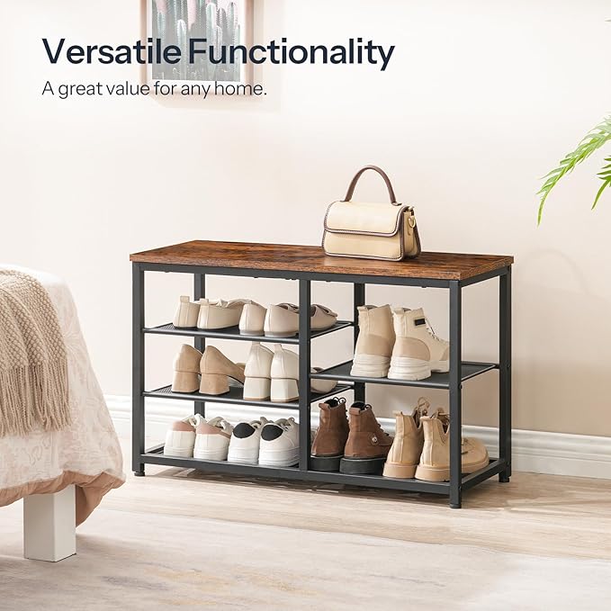 HOOBRO Shoe Bench, 5-Tier Shoe Rack Bench with Mesh Shelves, Shoe Organizer, Industrial Shoe Storage Bench for Entryway, Easy Assembly, 11 x 31.5 x 19.7 Inches, Rustic Brown and Black BF36HX01
