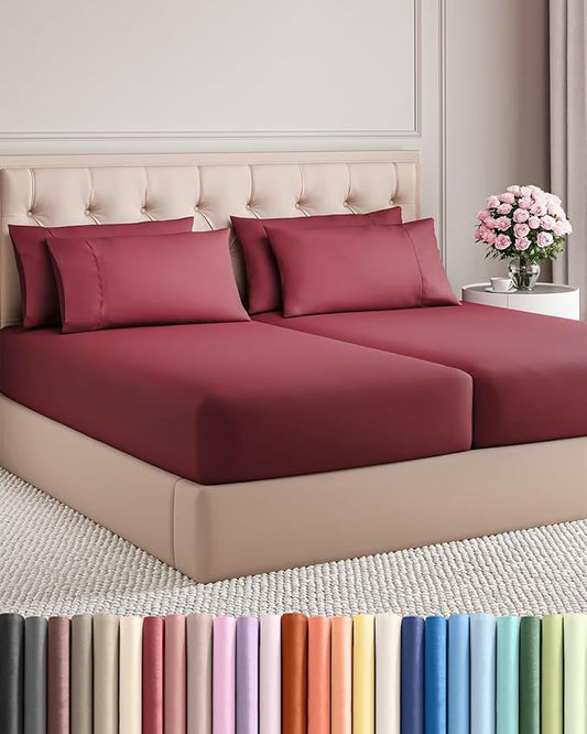 Split King 7 Piece Sheet Set - Comfy, Breathable & Cooling - Soft Hotel Luxury Bedding for Women, Men, Kids, Teens and Children - 1 Flat & 2 Fitted Sheets & 4 Pillowcases with Deep Pockets - Burgundy