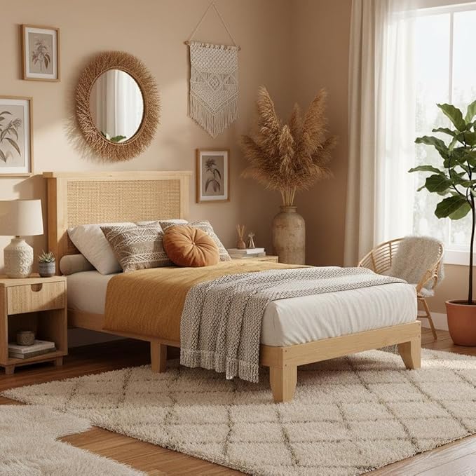 Garvee Twin Rattan Bed Frame, Bohemian Rattan Bed Frame Twin with Natural Headboard, LED Lights, No Box Spring Needed