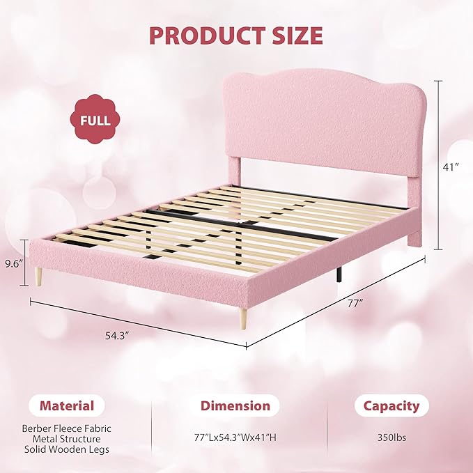 GarveeHome Upholstered Full Size Bed Frame for Kids with Scallop Headboard, Cute Velvet Full Bed for Girls, Boys, Sturdy Platform Bed, No Box Spring Needed, Wooden Slats, Noise Free, Pink