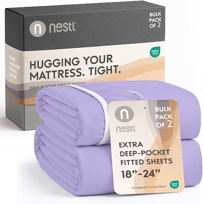 Nestl 2 Pack Lavender Fitted Sheet Extra Deep Pocket, Hotel Luxury Cal King Fitted Sheet Only Easily Fits 18 to 24 Inch Mattress, Super Soft, Wrinkle-Free and Breathable with Corner Straps