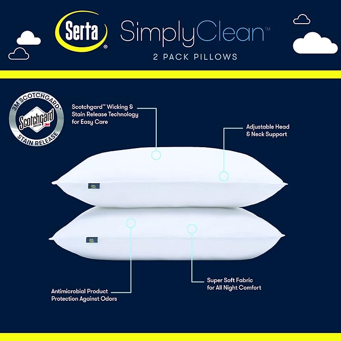 Serta Simply Clean Soft Stain-Resistant Down Alternative Soft/Medium Bed Pillows for Sleeping (2 Pack), Queen, White