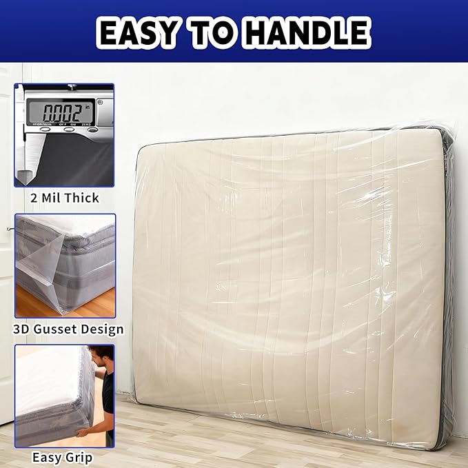 TopSoon 2PK Clear Plastic Mattress Bag - Moving & Storage Cover for Mattress or Box Spring - Heavy-Duty Disposal Supplies (2mil, Queen)