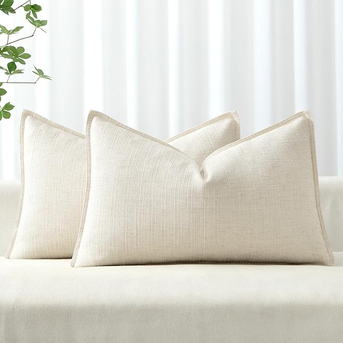 MIULEE Pack of 2 Thick Textured Lumbar Throw Pillow Covers, Natural Beige Decorative Pillow Covers 12x20, Linen Cushion Cases for Couch Sofa Bed Living Room Modern Farmhouse Home Decor, No Filling