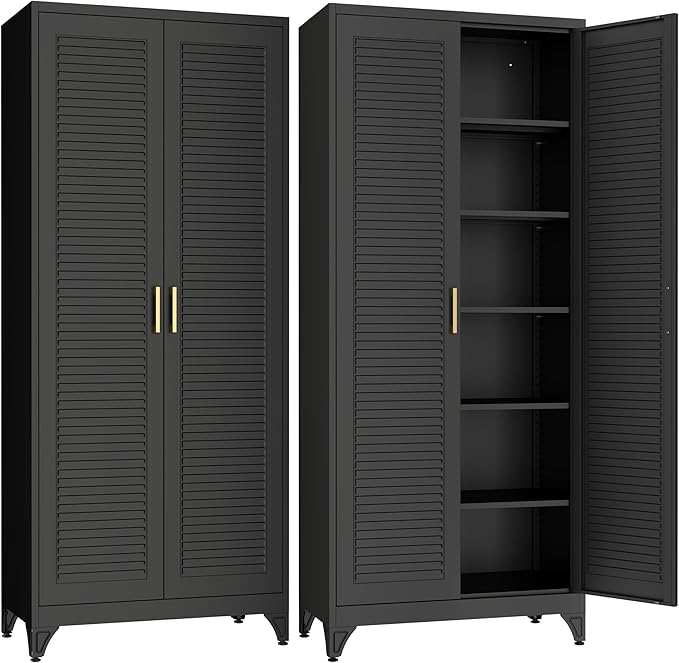 SteeLoong Kitchen Pantry Cabinet,75" Metal Storage Cabinet with Doors and 5 Adjustable Shelves,Black Tall Locker Organizer Steel Garage Cabinets for Tool,File Cabinet for Office,Kitchen,Garage,School