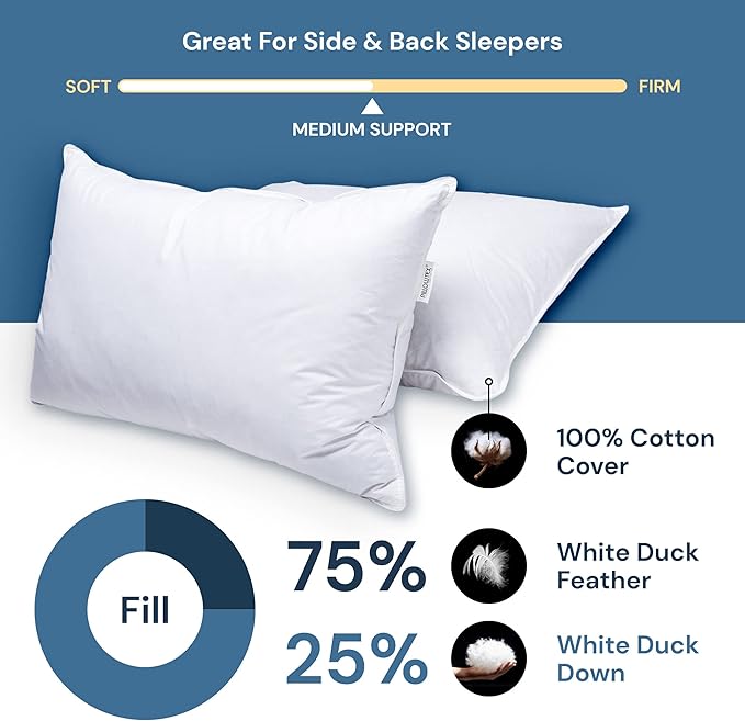 White Duck Down & Feather Pillow - Pillows with Soft-Medium Support for Side & Back Sleepers Queen Size