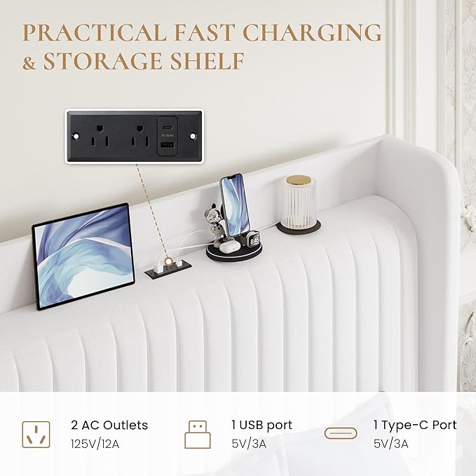 SHA CERLIN King Size Velvet Bed Frame with USB Charging Station, Wingback Storage Headboard, Upholstered Platform Bed with Wooden Slats Support, No Box Spring Needed, Easy Assembly, White