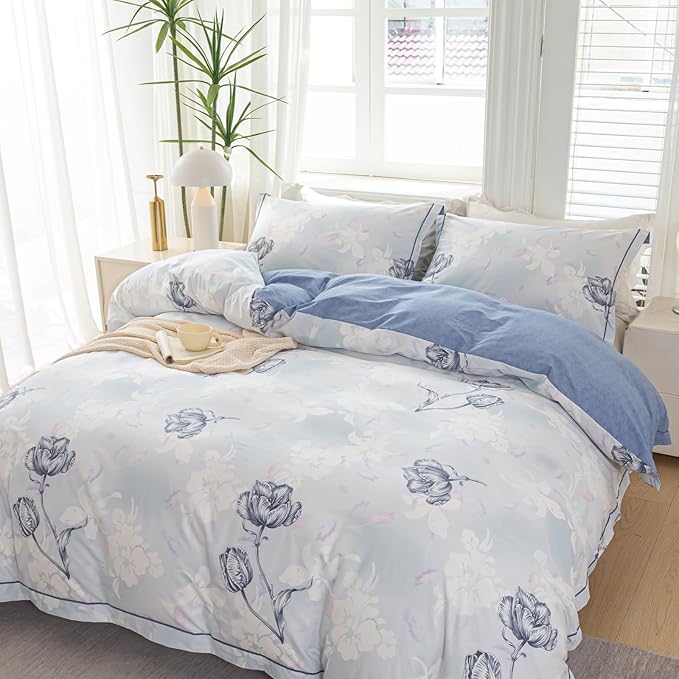 OAITE Duvet Cover Set Twin Size Floral Pattern 500 Thread Count Ultra Soft 100% Cotton Duvet Cover Sets 3-PC, Breathable Duvet Cover with Zipper Closure & Corner Ties