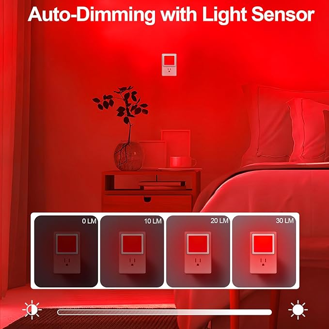 670nm Red Light Night Light for Sleep[8 Pack]- Zero Blue Light, Diammble & Energy Efficient 0.3W Night Light Plug into Wall with Dusk-to-Dawn Sensor for Nursery, Bedroom, Bathroom