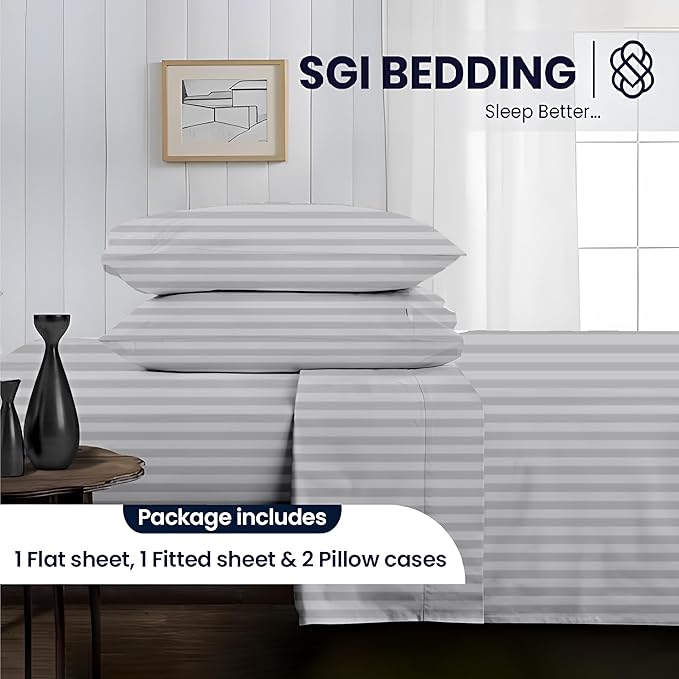 SGI bedding 100% Egyptian Cotton Sheets Full Size – 600 Thread Count Sheets Set, Soft, Cooling, 15" Deep Pocket, Luxury Hotel Bedding, Breathable, Durable - Light Grey Stripe