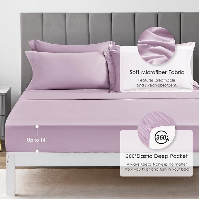 Love's cabin King Size Comforter Set Light Purple, 7 Pieces King Bed in a Bag, All Season Bedding Sets with 1 Comforter, 1 Flat Sheet, 1 Fitted Sheet, 2 Pillowcase and 2 Pillow Sham | Soft, Breathable, Lightweight, Comfortable