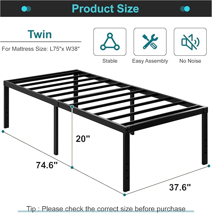 Maenizi Twin Bed Frames No Box Spring Needed, 20 Inch Heavy Duty Metal Bed Frame Twin Support Up to 2500 lbs, Easy Assembly, Noise Free, Black