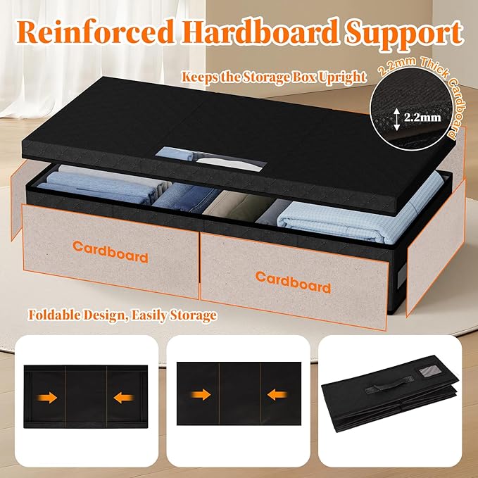 StoreHappily Under Bed Storage Containers with Lids - 3 Pack, Foldable and Stackable Clothes Storage Bags with Clear Window, 3-Sided Handles and Label Slot for Clothing, Blankets, Pillows (Black)