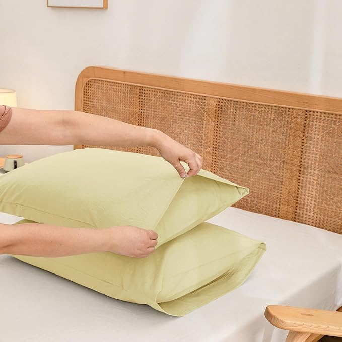 BESTOUCH 100% Washed Cotton Pillowcase for Hair and Skin Linen Feel Soft Comfortable Breathable 2 Set Pillow Case with Envelope Closure Solid Light Yellow King 20x36 Inches