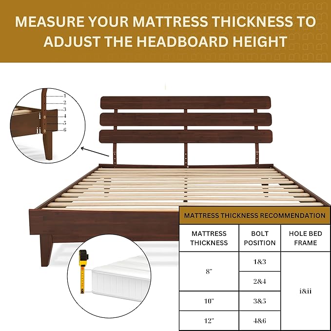 Bme Caden King Size Bed Frame and Adjustable Headboard, 15 Inch Mid Century Retro Style - Solid Acacia Wood - No Box Spring Needed - 12 Strong Wood Slat Support - Easy Assembly - Walnut