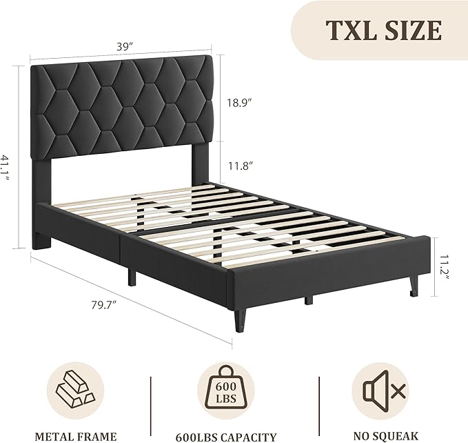 GarveeHome Grey Twin XL Bed Frame with Upholstered Headboard, Heavy-Duty Platform Bed Frame with Adjustable Headboard, Strong Wood Slat Support/No Box Spring Needed/Noise Free