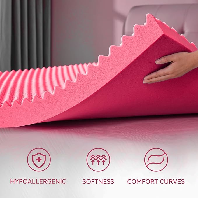 SINWEEK 3 Inch Egg Crate Memory Foam Mattress Topper Twin XL, Twin Extra Long Mattress Pads for College Dorm Room, Pressure Relieve CertiPUR-US Certified, 39x80 Inches, Pink