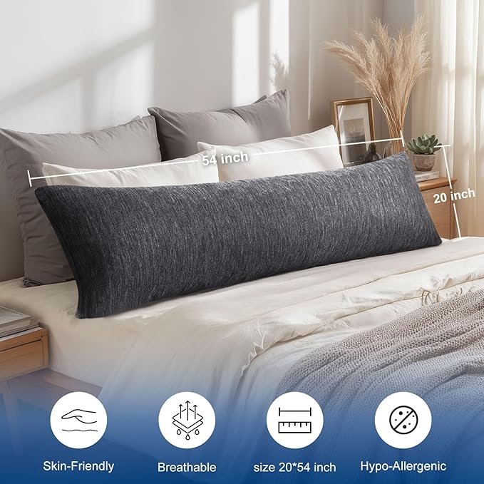 Hiasan Cooling Body Pillow for Adults - Memory Foam Insert, Long Full Body Pillow for Side Sleepers, Bed,Sleeping,Soft Support for Pregnant Women, Back Pain Relief, 20x54 Inch, Grey