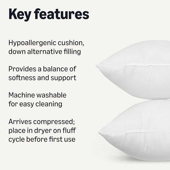 Amazon Basics Square Hypoallergenic Pillow Insert, Soft Decorative Stuffer for Sofa Bed Couch, 26 Inch, 2-Pack