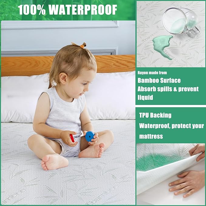 Waterproof Mattress Protector Full Size, Viscose Cooling Breathable Mattress Cover, Fitted Deep Pocket Mattress Pad Cover Stretches up to 23 Inches, Noiseless Soft Bed Cover