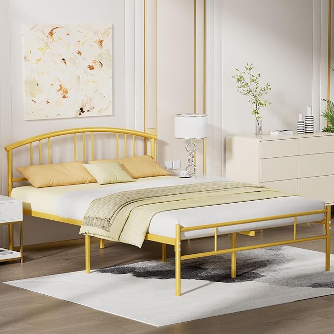 VECELO 14 inch Full Bed Frame Gold Beds Metal Platform Mattress Foundation with headboard Footboard Steel Slat Support/No Box Spring Needed/Easy Assembly