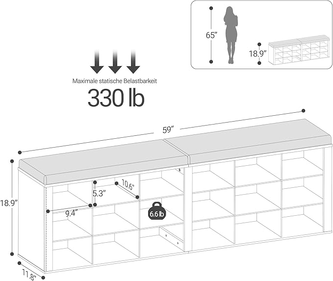 Hzuaneri Shoe Storage Bench with Cushion, Entryway Storage Bench with 18 Cubbies, 9.5" Widened Organizer Cabinet, Long Cubby Rack for Living Room, Bedroom, Entryway, White and Brown SB25714KA