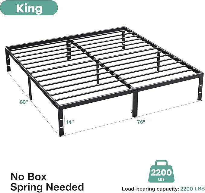 Sweetcrispy King Bed Frame - Heavy Duty No Box Spring Needed Metal Platform Bedroom Frames with Storage Space, 14 Inches High, Sturdy Steel Slat Support, Black
