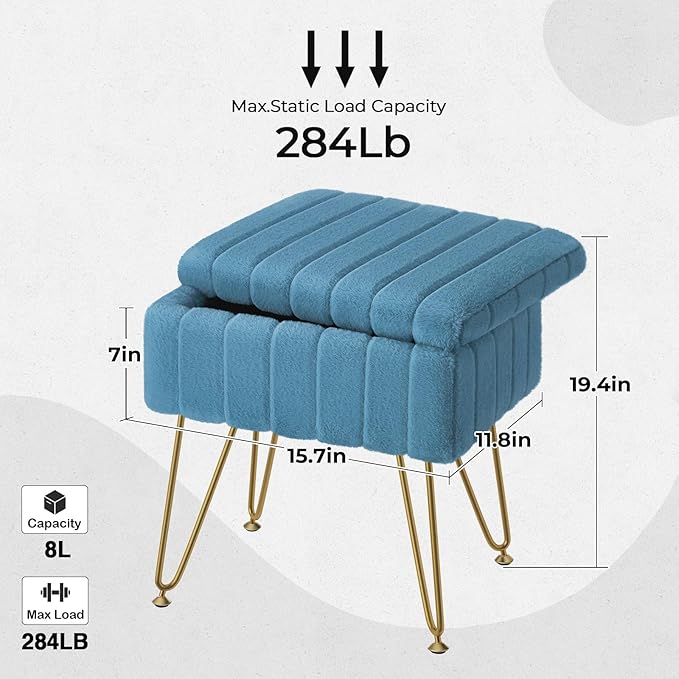 Greenstell Vanity Stool Chair Faux Fur with Storage, 15.7"L x 11.8"W x 19.4"H Soft Ottoman 4 Metal Legs with Anti-Slip Feet, Furry Padded Seat, Modern Multifunctional Chairs for Makeup, Bedroom,Blue