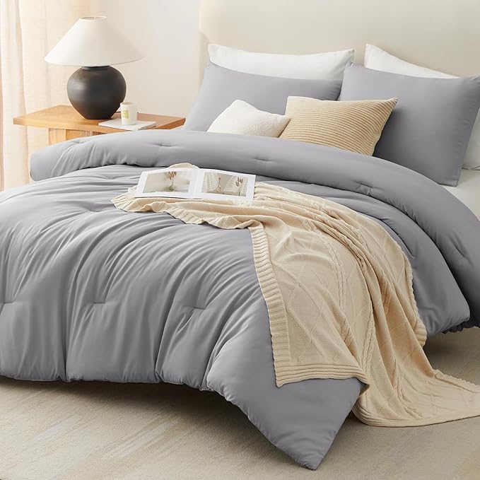 CozyLux Full Size Comforter Set Grey, 3 Pieces Solid Breathable Quilted Bedding Sets, Gray Luxury Lightweight Soft Bed Set with Down Alternative Comforter and 2 Pillowcases for All Seasons
